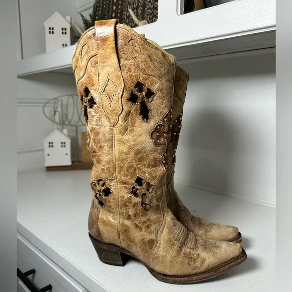 Corral Boots Women’s 6M Tan Distressed Leather Cross Cutout Western Cowboy Boots - Picture 5 of 9